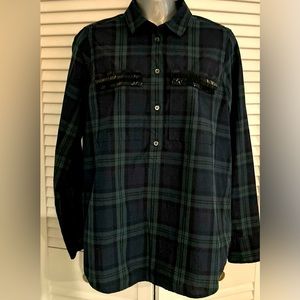 J Crew pullover long sleeve plaid beaded sequin pocket, half button down shirt